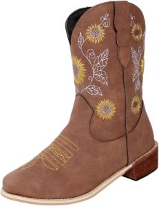 Вестерн ковбойские ботильоны для женщин, средние голени, короткие сапожки с вышивкой, округлый носок, массивный низкий каблук FOBOINED, Brown-02