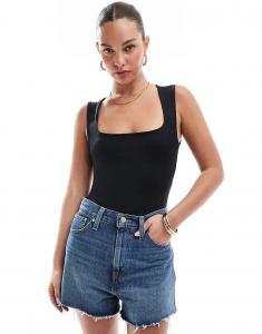 Боди Stradivarius из полиамида с квадратным вырезом черного цвета