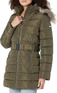 Женская меховая длинная стеганая куртка с капюшоном и поясом от Tommy Hilfiger, Juniper