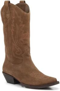 Женские ковбойские сапоги Western из замши с заостренным носком, массивным каблуком, вышивкой, кантри стиль, ретро, высокие сапоги на осень и зиму OMLISHZTY, Brown