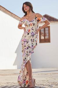 Платье макси со сборками и открытыми плечами Sosandar, бежевый