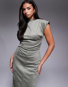 Платье миди из замши с драпировкой цвета хаки от ASOS DESIGN