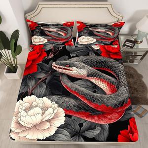 Erosebridal Комплект постельного белья в японском стиле укиё-э с цветочным принтом пионов и змей, Red White Black