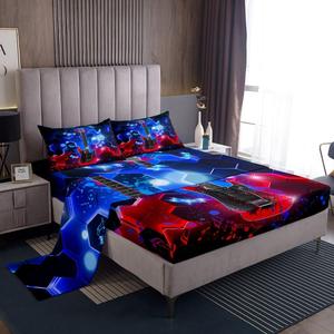 Erosebridal Комплект постельного белья Glowing Guitar с музыкальными нотами и неоновым градиентным шестиугольным узором, Multi 08