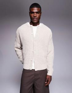 Плотный трикотажный кардиган свободного кроя с круглым вырезом ASOS DESIGN бежевого меланжевого цвета