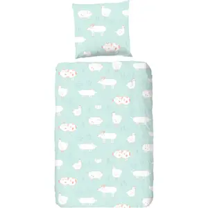 Детское постельное белье доброе утро "Pettingzoo", 100% хлопок, 135х200, молния, двусторонний вид, детский, животное Good Morning, мятный/белый