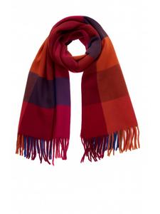 Мягкий вязаный шарф с бахромой и геометрическим рисунком красного и темно-синего цветов. Faera