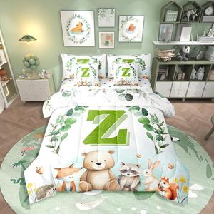 Erosebridal Комплект постельного белья Alphabet Full с принтом милых зоо животных из эвкалипта, Green Z