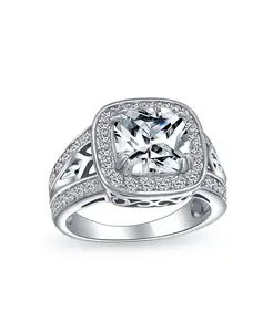 Кольцо-Обещание в стиле ар-деко с 3 каратами фианитов огранки «кушон» из стерлингового серебра с разделённым краем из кубических цирконий и филигранной отделкой Bling Jewelry, grey