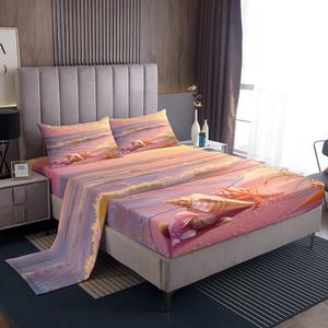 Erosebridal Комплект постельного белья Summer Beach для девочек розовый с морскими ракушками звездами и волнами, Pink Yellow