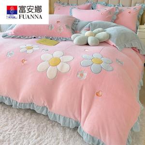 FUANNA Комплект постельного белья, 4 предмета, простыня на резинке 150x200 см, вес 2.5 кг, двусторонний велюр, антипиллинг, кружево, цвет светлый нефрит, принт цветочный