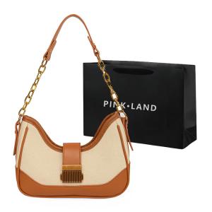 PINK·LAND Женская наплечная сумка с цепочкой PU черного/хаки/синего/коричневого цвета, Fabric Print Brown