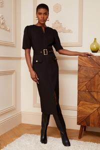 Платье миди по индивидуальному заказу с короткими рукавами V-образным вырезом и поясом Love & Roses, черный