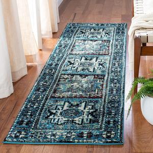 Ковер-дорожка SAFAVIEH, 69 x 488 см, коллекции Vintage Hamadan, Light Blue & Black, традиционный восточный дизайн, не линяет и прост в уходе, идеален для помещений с высокой проходимостью в гостиной, спальне (VTH213M)
