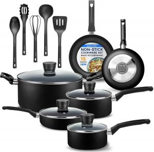 Набор кастрюль и сковородок SereneLife Kitchenware Basic Kitchen Cookware с антипригарным покрытием, 15 предметов, черный