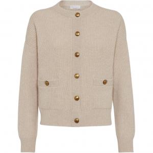 Вязаный кардиган с круглым вырезом Brunello Cucinelli, бежевый