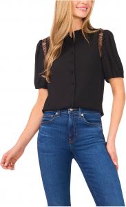 Топ CeCe Short Sleeve Button Front Lace Trim Top, Rich Black
