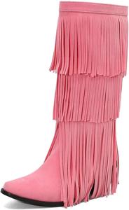 Generic Женские вестерн-сапоги с бахромой из замши, модные высокие сапоги на массивном каблуке до колена, с круглым носком, без застежки с кисточками, мокасины