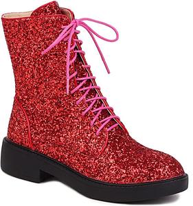 Женские блестящие ботинки YIYA с шнуровкой, пайетками и глубоким каблуком, с круглым носком и боковой молнией, блестящие ботильоны, Red