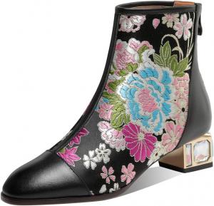 Женские ботильоны TinaCus из натуральной кожи с вышивкой, с круглым носком, ручной работы, на низких массивных каблуках, уникальная модель с молнией, Black