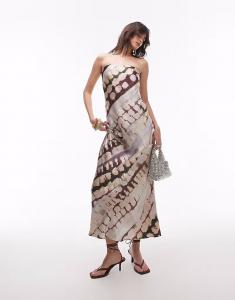 Платье-бандо макси Topshop из атласа с абстрактным животным принтом