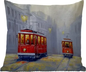 Подушка для улицы - Живопись - Трамвай - Город - Масло - 60x60 см - Устойчива к атмосферным воздействиям - Подушка для отдыха - Декор - Подушка для сна MuchoWow