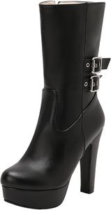Женские ботильоны на платформе и высоком каблуке, средние по голенищу, из искусственной кожи с боковой молнией и пряжкой Generic, Black