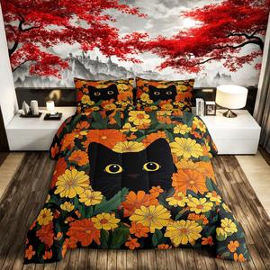 Erosebridal Комплект постельного белья Black Cat King Size в японском стиле из микрофибры с цветочным принтом и котиками, Black Orange Yellow