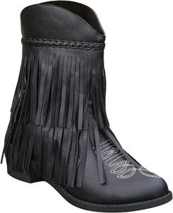 Женские ковбойские сапоги с бахромой в винтажном стиле, с круглым носком, массивным средним каблуком, западным дизайном, этнической бахромой, сапоги до середины икры, ботильоны с V-образным вырезом для верховой езды Generic, Black