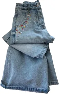 Женские джинсы прямого кроя с высокой талией и широкими штанинами в ретро-синем цвете