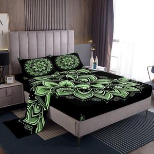 Erosebridal Комплект постельного белья Hippie Mandala в стиле бохо с цветочным принтом в черно-зеленой гамме, Black Light Green