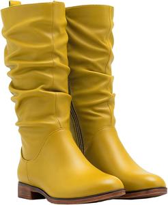 Женские сапоги MOOMMO средней длины, замшевые, с мягким голенищем, плоским каблуком, высокие сапоги на широкую икру, боковая молния, зимние сапоги, круглый носок, плоские, ретро, милые, удобные, повседневные, зимние, размеры 4-13 M US, Matte Yellow