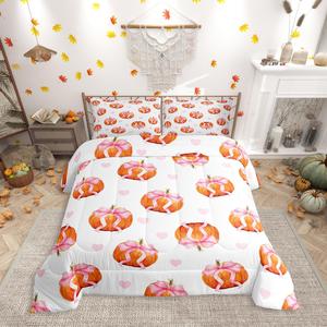 Erosebridal Комплект постельного белья Pink Bow Pumpkin Queen с розовыми бантами в стиле кантри, дышащий материал, White Pink