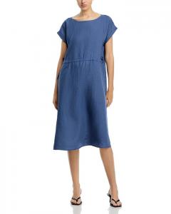 Льняное платье с каплевидным вырезом и короткими рукавами Eileen Fisher, синий