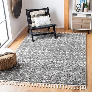 Ковер декоративный SAFAVIEH, 122 x 183 см, Berber Fringe Shag Collection, Grey & Ivory, дизайнерский, без линьки и простой в уходе, идеален для помещений с высокой проходимостью: прихожая, гостиная, спальня (BFG516F)