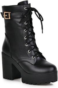 Женские ботильоны с пряжкой на щиколотке с модной платформой, массивным каблуком и протекторной подошвой, ботинки в стиле «комбат» на шнуровке с высоким каблуком JMdfcqer, Black