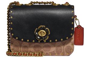 Маленькая квадратная сумка Madison из лакированного холста с телячьей кожей, женская, через плечо, кросс-боди мини, черная с монограммой COACH