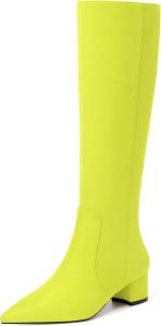 Женские замшевые сапоги NUMALEO с молнией, однотонные, модные, для вечеринок, с заостренным носком, массивным низким каблуком, длиной до колена, каблук 5 см, Neon Yellow