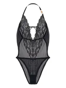 Боди с вышивкой и кружевной отделкой Versace, черный