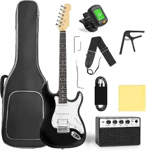 Unbranded Начальный комплект электрогитары, электрогитара с цельным корпусом 39" полного размера HSS для начинающих, с усилителем 10 Вт, сумкой, цифровым тюнером, каподастром, ремнем, струнами, кабелем, медиаторами