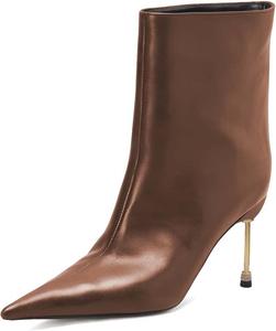 Женские стильные кожаные короткие ботильоны XYD, заостренный носок, высокие каблуки-стилет, ботильоны на щиколотку для вечеринок, выпускных, клубов и повседневного ношения в офисе с каблуком, украшенным стразами, Brown