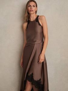 Платье миди Anais из сатина с отделкой кружевом Reiss, Mocha Brown