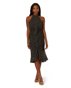 Платье миди из шифона с рюшами в горошек Adrianna Papell, черный