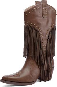 Женские ковбойские сапоги Tsrenlmln с заклепками в виде звезд, заостренным носком и массивным каблуком, Brown