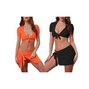 2 комплекта женского бикини с узлом-галстуком и топом-халтером, 4 предмета: комплект с короткими рукавами и треугольными шортами Inspire Chic, Black Orange