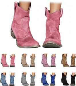 Женские западные ковбойские сапоги, низкие замшевые ботильоны на невысоком каблуке, с круглым носком и массивным каблуком, короткие сапожки для ковбойского стиля на осень и зиму Generic, Pink