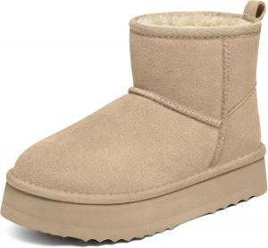 Женские мини-башмачки на платформе Litfun из замши, настоящая кожа, с меховой подкладкой, зимние сапоги для снега с утепленной мехом внутренней частью, Sand