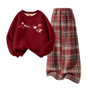 Детский танский костюм Disney, [thickened and fleece-lined]dapple annie_top бордовый+solid color красный plaid