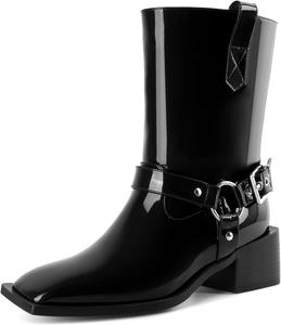 Женские ботинки Joseywade на низком каблуке 2 дюйма с молнией и металлическими пряжками, байкерские, до середины икры, размеры США 6-12, Patent Black
