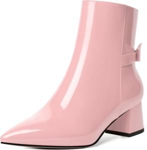 Женские ботильоны MODENCOCO с молнией, стильное платье, свадебные, заостренный носок, бант, лакированные, массивный низкий каблук, 5 см, Pink